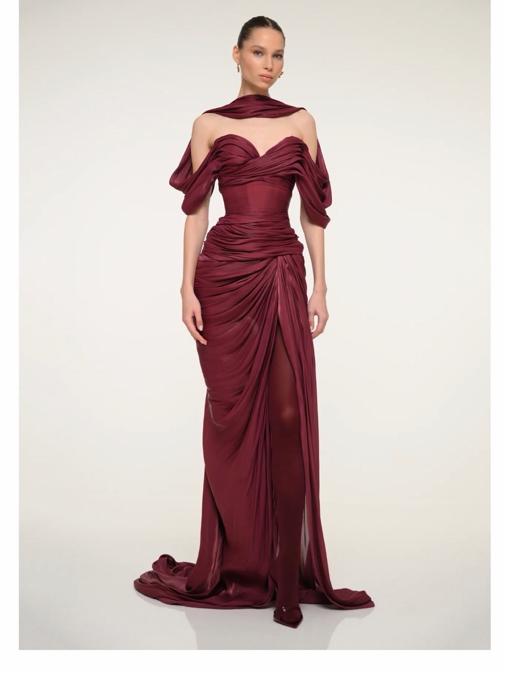 Valdrin Sahiti Burgundy Draped Off-Shoulder Evening Gown - Picture 3 of 10